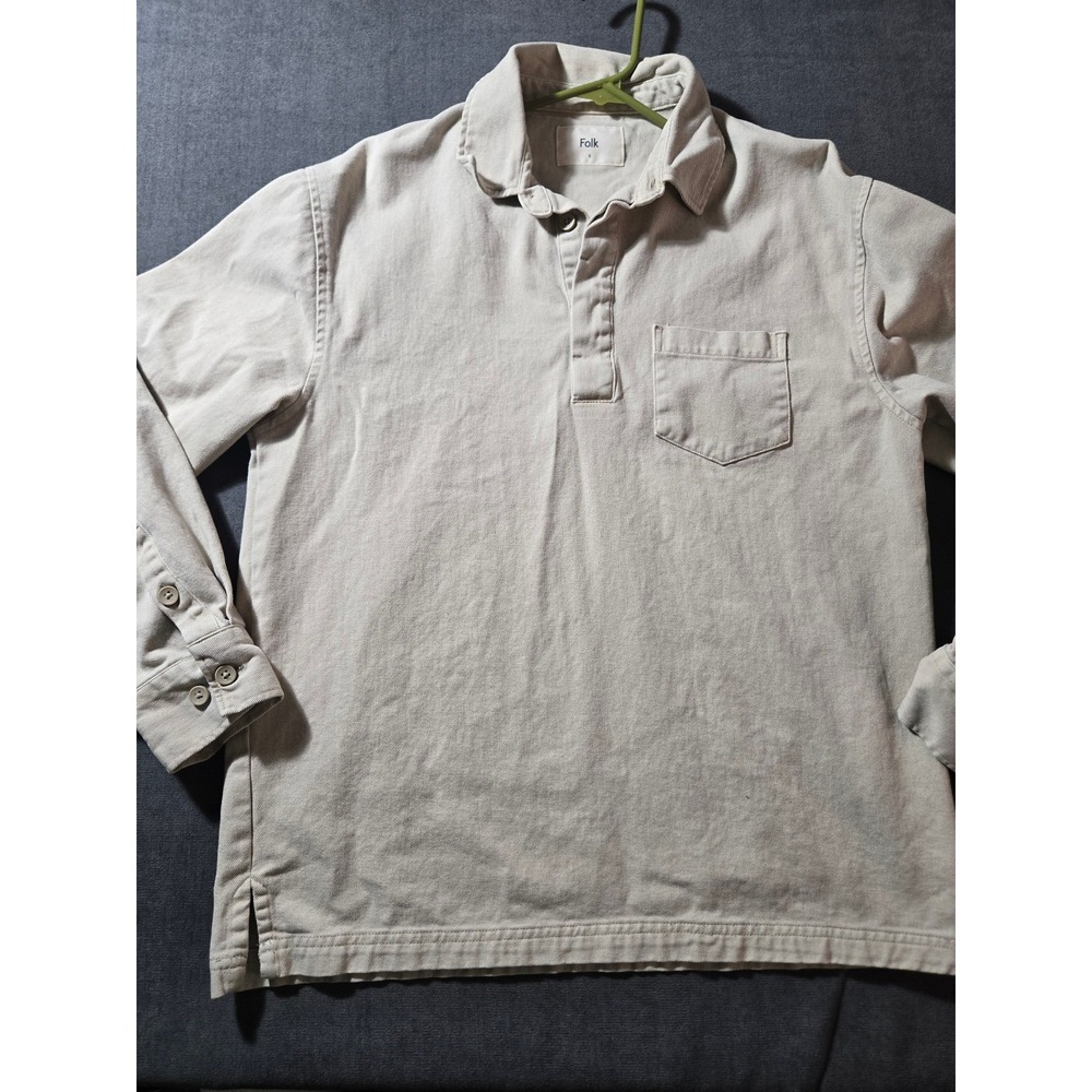 Folk Rugby Shirt Mens Small Neutral Beige Sport Preppy Y2k Heritage Pocket